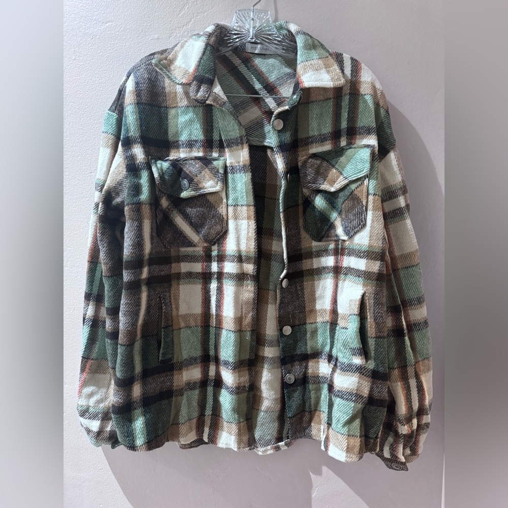 Miss Sparkling Plaid Button-Up Jacket Green Mint and Brown size large - Picture 2 of 3